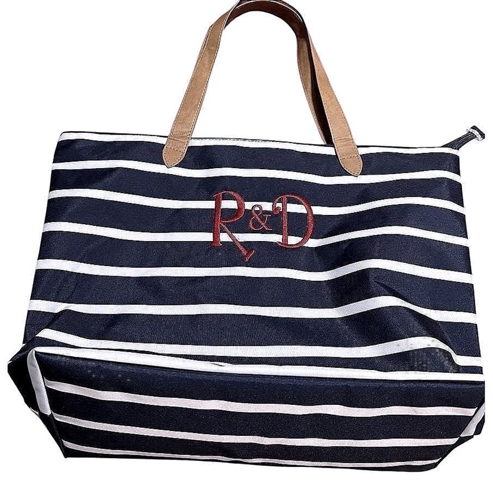 NWOT Striped Tote Bag Travel Beach Pool‎ R&D Monogrammed Zip Pocket